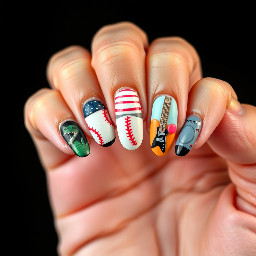 make acrylic short 3d art stranger thing nails  finger one demogorgon. finger two a baseball bat with nails.  finger three ice cream scoop in style of scoops ahoy. finger four eddies guitar.  five wsqk the squawk