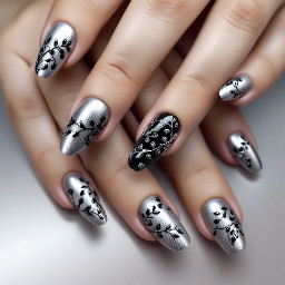 Silver chrome nails with delicate, hand-painted black vine patterns and tiny clear crystal accents, high-shine finish
