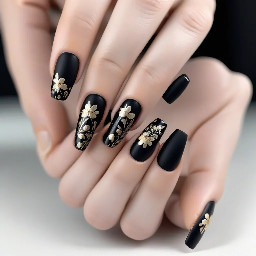 Elegant black nail design with a glossy or matte black base. Delicate floral details in white or soft pink, with thin, minimal linework. Subtle gold accents for contrast. Sophisticated, modern, and minimal