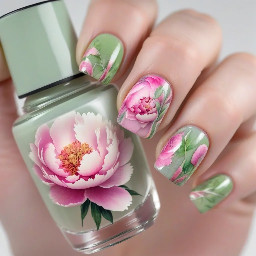 "Nail art aquarelle, motifs de peonies, palette rose/vert sauge, finition glossy, pour un événement printanier, 5 ongles + 1 accent nail