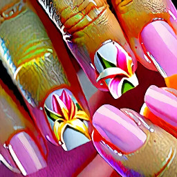 white french tips on index and middle finger a pink lilly and a light yellow lilly on the ring and thumb and one the pinky finder either light pink or light yellow