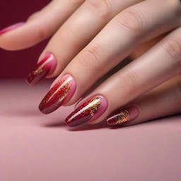 very ight pink base gradient to deep red, with golden flakes on the tips