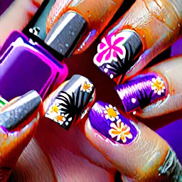 A summer themed nail set with easy designs considering I'm an 11 year old. The colours are grey, a pinkish-clearish shade, and darkish violet shade