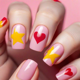 Baby pink background yellow star top and bottom and red heart left and right
