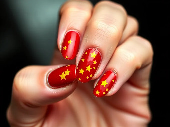 Rounded nails with red varnish and yellow stars