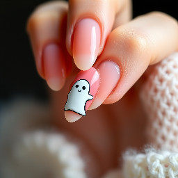I'm designing my Halloween nails. I want a pinky-neutral base, almost a jelly nail look, extremely short almond nail and a very small, easy to do cute cartoon ghost on my ring finger. Can you show me what that may look like?