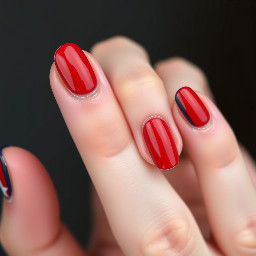 almond nails, thumb, pointer, pinky all plain red, middle finger, navy with white star, ring finger, navy French tip