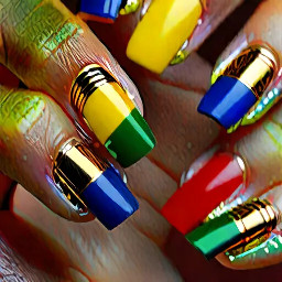 Make one a blue French tip one a yellow French tip one a red French tip and one a green French tip and a gold pinkie