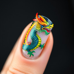 Nail with design of rainbow Chinese dragon with rainbow spikes