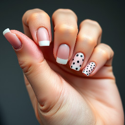 I want the thumb to be a white French tip and Same with the pointer finger middle finger white and same with pinky and the other finger to be nude with pooka dots