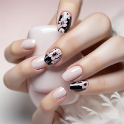 soft, oval shape with a milky white or light pink base. One nail features a black floral design with small gem. The other nails are a simple, clean, and classic solid color.