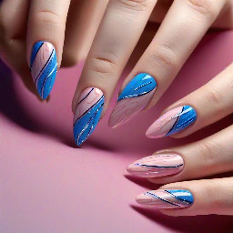 Make a pink/nude almond nail with random not straight lines in an electric sparkly blue that appear on it in squiggly lines