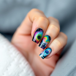 make a simpler design galaxy laser rainbow taco short medium square different design on every nail