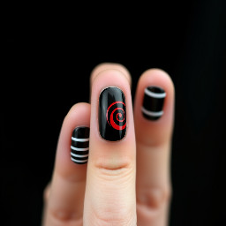 Black base, every nail (besides the middle one) have simple, white stripes. The middle one has only red spiral on the middle