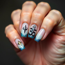 long square nails- ring finger must have OM sign, for the rest of the fingers you can freestyle. make them french tips, must follow shivadelic vibe