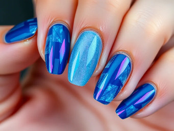 Close-up of almond nails, hyper-realistic. Cyberpunk, holographic tech, futuristic, translucent layers, digital motifs. Shades of blue (holographic blue, electric cyan, deep navy, icy white.