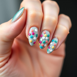 medium length almond shaped nails with a pharmacy theme with pills or capsules