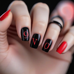 Black nail with a red letter 9 on it