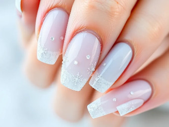 almond nails with a frosty winter and/or ice theme with the colours white and light misty blue. Can use glitter, French tips, ombre, shapes