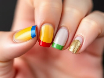 Make one a blue French tip one a yellow French tip one a red French tip and one a green French tip and a gold pinkie