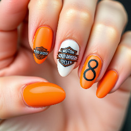 Almonds shapes orange nails with a Harley Davidson logo on the thumb a hashtag on the pointer finger and an 8 on each of the other fingers