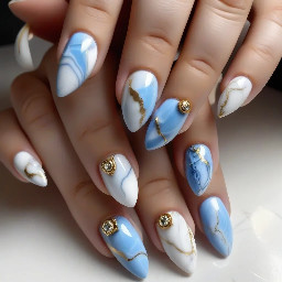 -baby blue cat eye color  -White color (for marble nails) -Almond shaped -Blue&gold junk nails on ring fingers -small gold rhinestones on white/blue cat eye marble nails. No rhinestones on the other nails. The marble is white with the blue One nail in each column needs to be a junk nail. No nails are just white. One nail in each column is marble and gold w/small rhinestones spotted around it