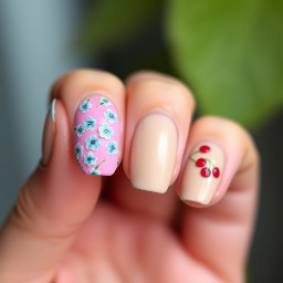 On some middle and pinky finger, a pastel pink background with small blue hibiscus flowers. And on ring and pointer finger a beige background with small little cherries.