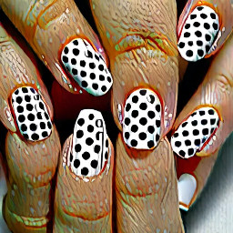 Almond nails with white French tips on every finger except the middle finger. Black polka dots on the French tips. The middle fingers it’s white with black polka dots and on the ring fingers they have black question marks
