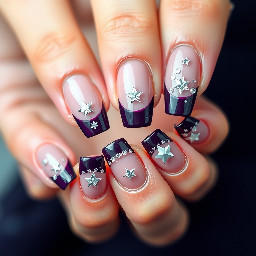 Long almond nails, dark purple modern French tip, with chrome silver stars and rhinestones