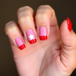 Red french tips with one bright pink star