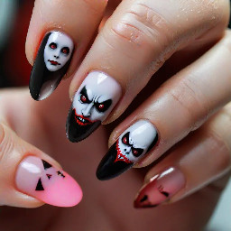 I'm designing my Halloween nails. I want a pinky-neutral base, almost a jelly nail look, extremely short nail, and a very small, easy to do Dracula cartoon face on my ring finger. Can you show me what that may look like?