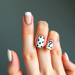 Almond nails with white French tips on every finger except the middle finger. Black polka dots on the French tips. The middle fingers it’s white with black polka dots and on the ring fingers they have black question marks