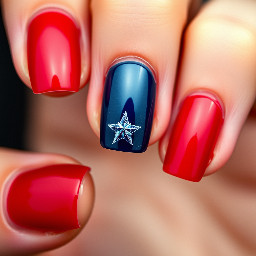 Deep red nails with ring finger nail navy blue with a sparkly star