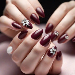 almond oval almond nails,maroon or natural colour, add some little silver pearls, flower on the ring finger