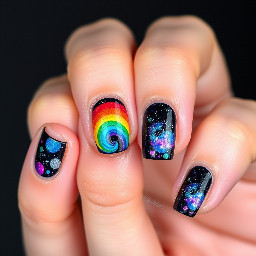 make a simpler design galaxy laser rainbow taco short medium square different design on every nail