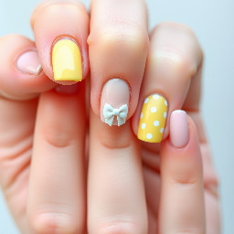 Pinky nail pastel yellow French tip ring finger pastel yellow French tip with white bow middle finger pastel yellow with white polka dots pointer finger pastel yellow French and similar for thumb show full hand