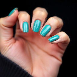 teal nails with a white 1 on the ring finger nail