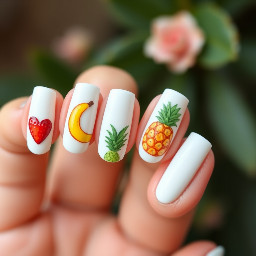 White nails with one fruit on each nail 1 strawberry nail 1 banana 1 lemon 1 mango 1 pineapple no repeated fruits