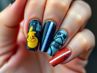 Pokemon and Starwars nails one hand pokemon one hand starwars square nails