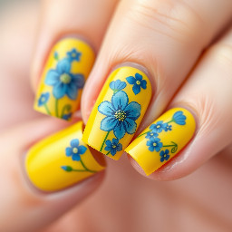 yellow nails with blue flowers on short nails. no french tip or nude base coat. easy flowers