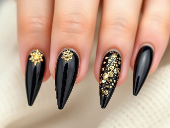 Pointy long black nails with gold glitter and embellishments