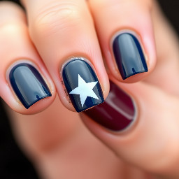 Navy nails with maroon ring finger with white star outline