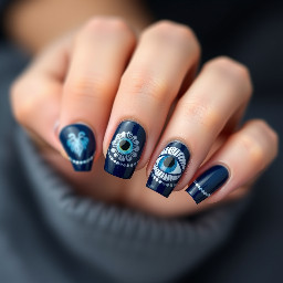 I want navy blue color french tip on all . Evil eye theme at least one of them has it. Add flowers of gel. Add details with silver lines or dots