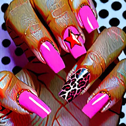 almond nails, medium length.  Thumb/Pinky: solid raspberry pink/red colour Pointer/Ring finger: leopard print french tips (baby pink colour for french tip colour) Middle finger: Nude base with baby pink star OUTLINED in raspberry pink/red colour.