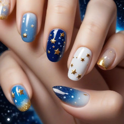 Short almond nails with the colors blue, gold, and white. French tip design, glitter on one of the fingers, constellations, stars, and moons.
