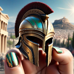 Create an 8k 35mm photo of a Spartan warrior riding a motorcycle through the streets of Sparta in modern day. Capture the warrior with an intensity and strength as he rides swiftly through the ancient city streets. Pay attention to details such as the shadows cast by the motorcycle, the glint of sunlight reflecting off the warrior's helmet, and the vibrant colors of the surrounding buildings. The backdrop of the image should contrast the modern world with the remnant grandeur of the historic city. Include the iconic Acropolis of Sparta in the background if possible.