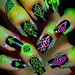 black stiletto nails covered in layered neon sigils, bright green and pink symbols, chaotic occult patterns, glowing runes, high detail, intense contrast, dark background, edgy witchcore aesthetic