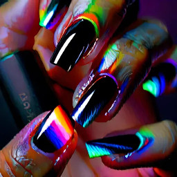 black nails with rainbow light leak effects, soft blurred color streaks, film burn aesthetic, glossy finish, cinematic moody lighting, modern goth style