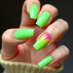 coffin shape medium length bright green polygel nails with a neon pink and green ombre accent nail on ring finger only