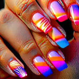 Almond shape nails with a pretty sunset pattern that isn’t too hard to paint